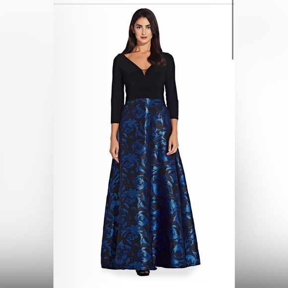 Adrianna Papell-Quarter Sleeve V Neck Floral Print Gown-Size 4 - Picture 1 of 9